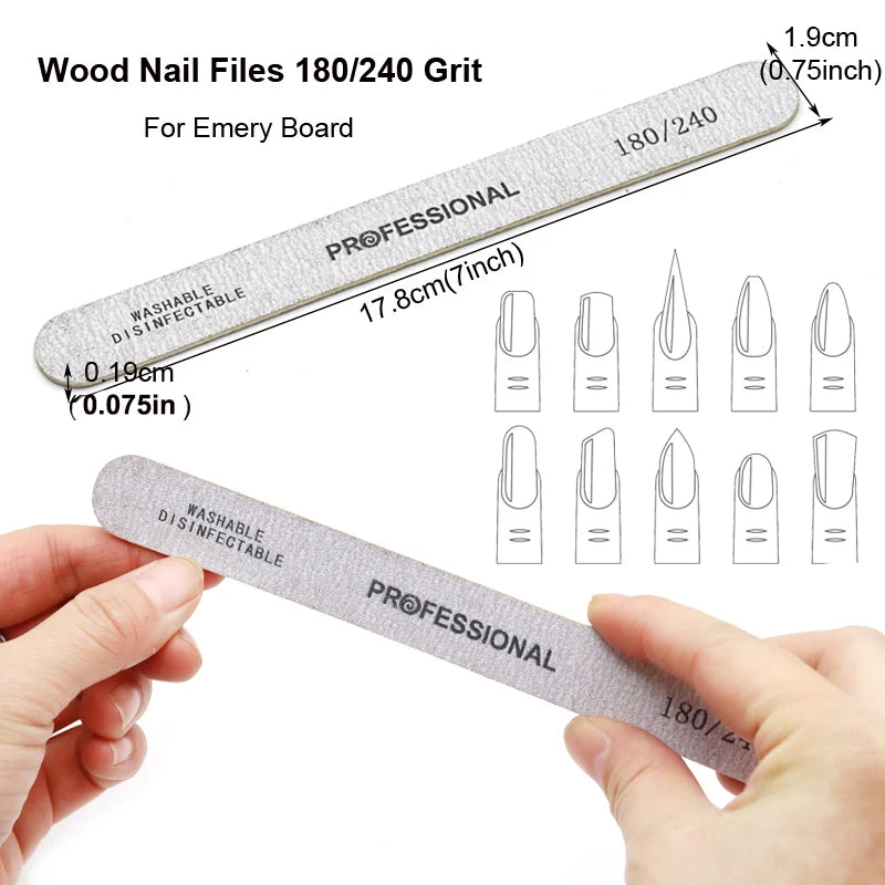 10pcs/Lot Wooden Nail Files Professional 100 180 240 Emery Board Manicure Buffer Grey Boat Double-sided Wooden Pedicure Buffers