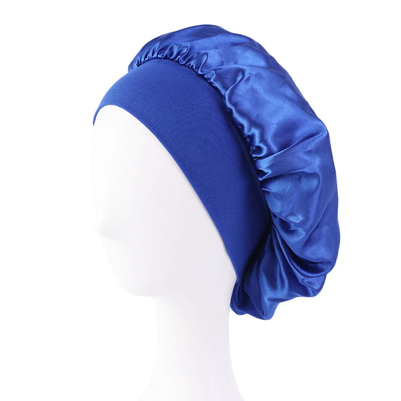 Women's Satin Solid Bonnets Wide-brimmed Night Sleeping Bathing Hat Unisex Head Wrap Elastic Band Cap Hair Care Bonnet