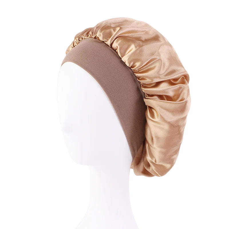 Women's Satin Solid Bonnets Wide-brimmed Night Sleeping Bathing Hat Unisex Head Wrap Elastic Band Cap Hair Care Bonnet