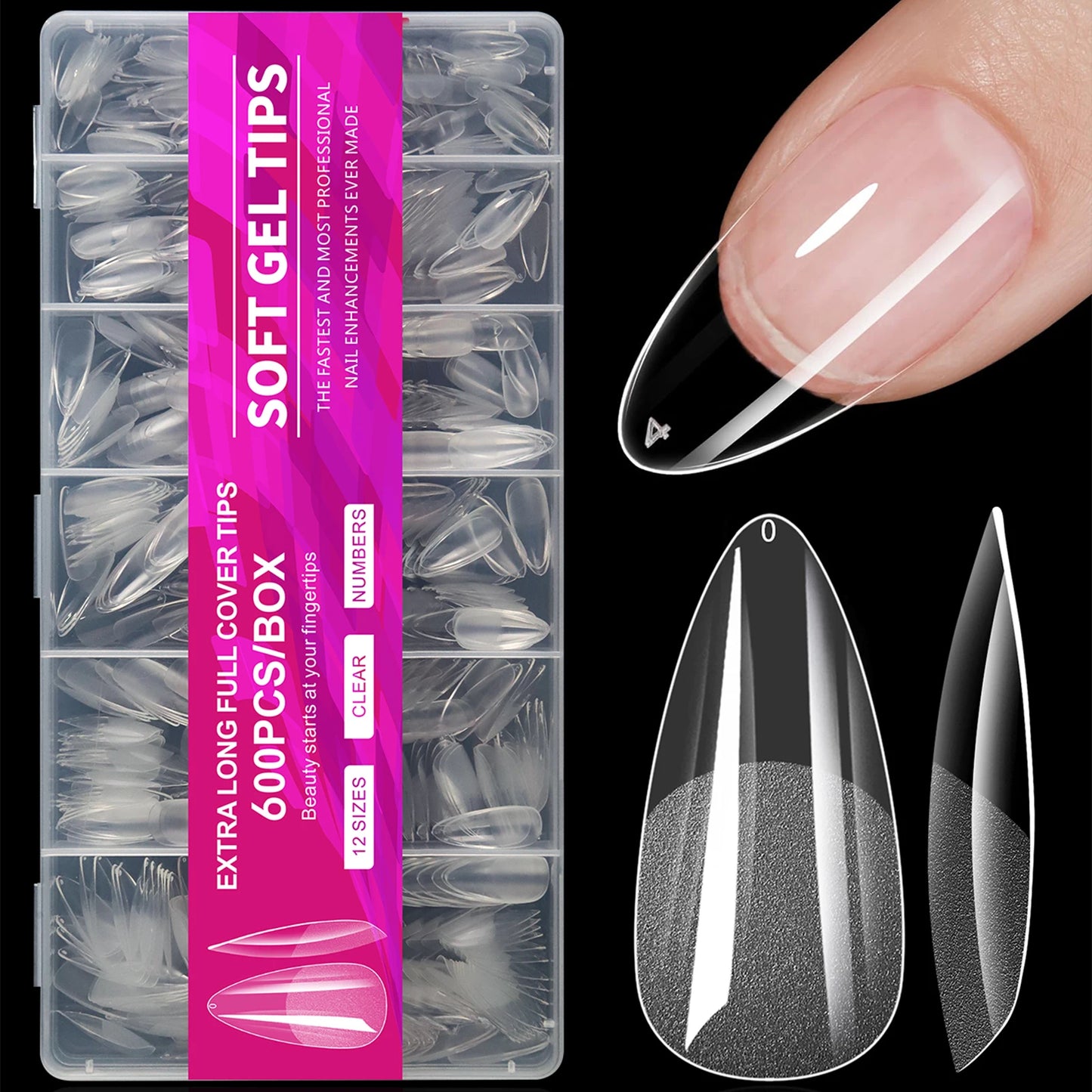600Pcs Short Almond Nail Tips Soft Gel Nail Tips Full Cover False Nail Tips For Acrylic Nails Manicure Salon Home Press On Nails