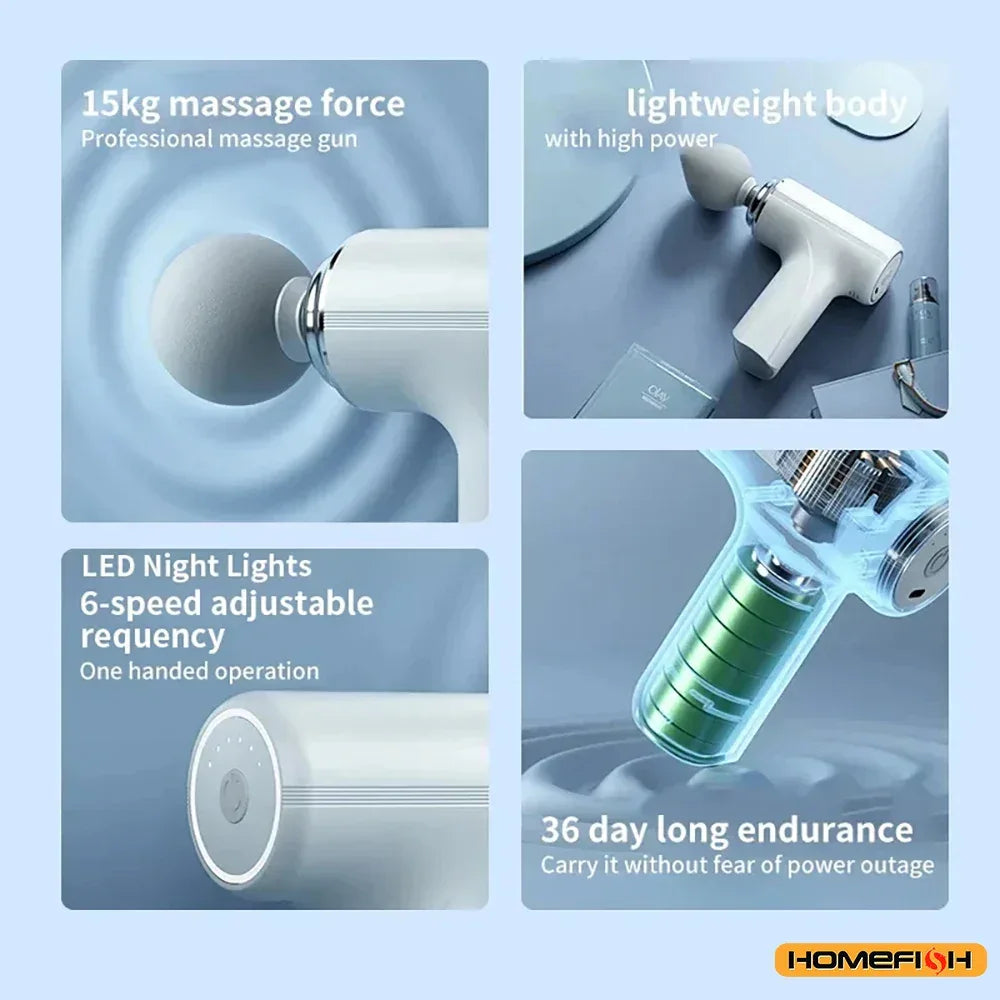 HOMEFISH Portable Electric Massage Gun with 4 Interchangeable Heads & LED Light for Full Body Relaxation Electric Massage Gun - WOF 