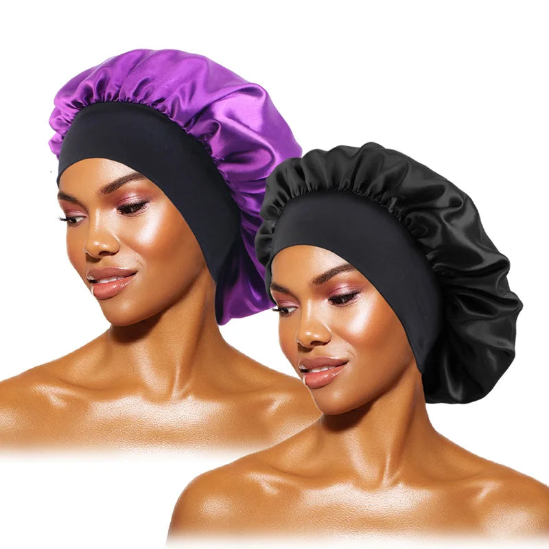 Women's Satin Solid Bonnets Wide-brimmed Night Sleeping Bathing Hat Unisex Head Wrap Elastic Band Cap Hair Care Bonnet